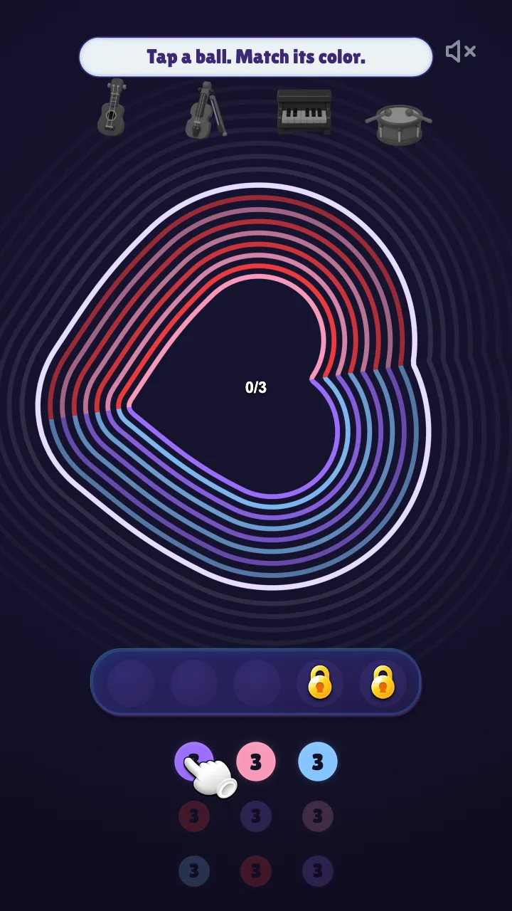 Beat Bloom: a heart-shaped color puzzle above the ball queues