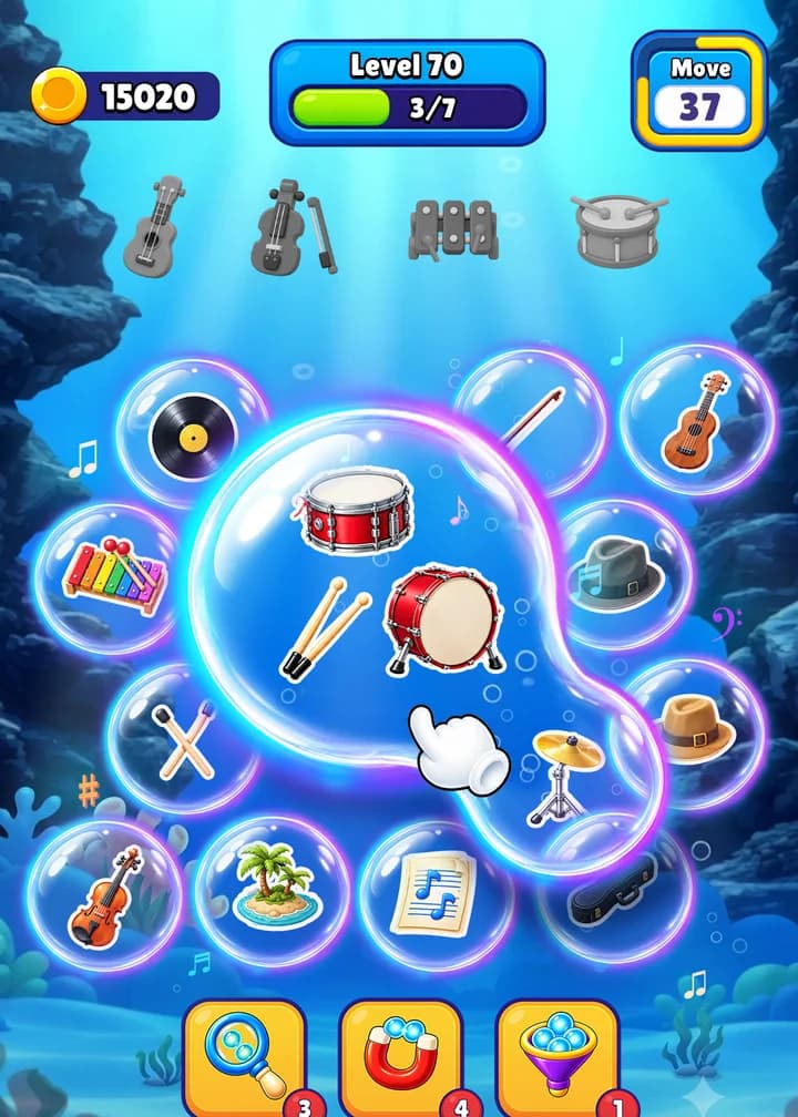 Level 70: drum pictures gather in a glowing bubble among other instruments