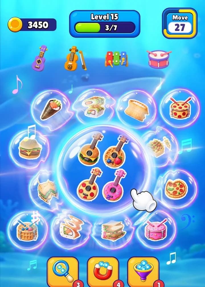 Level 15: guitar pictures merge in a glowing bubble while the band plays above