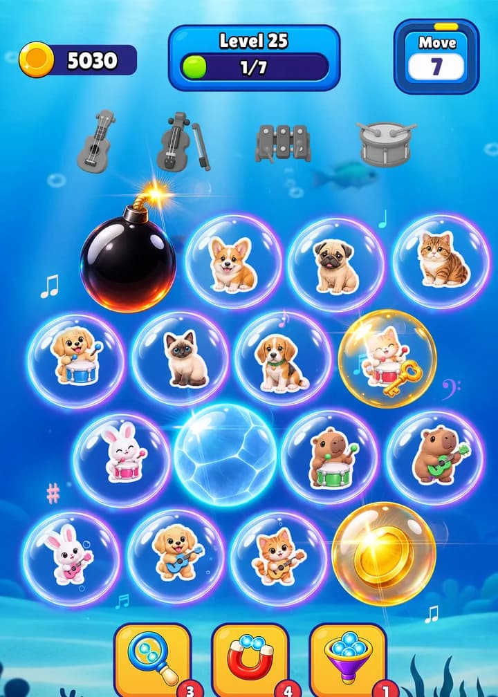 Level 25: a bomb bubble and a frozen bubble among puppy, kitten and bunny pictures