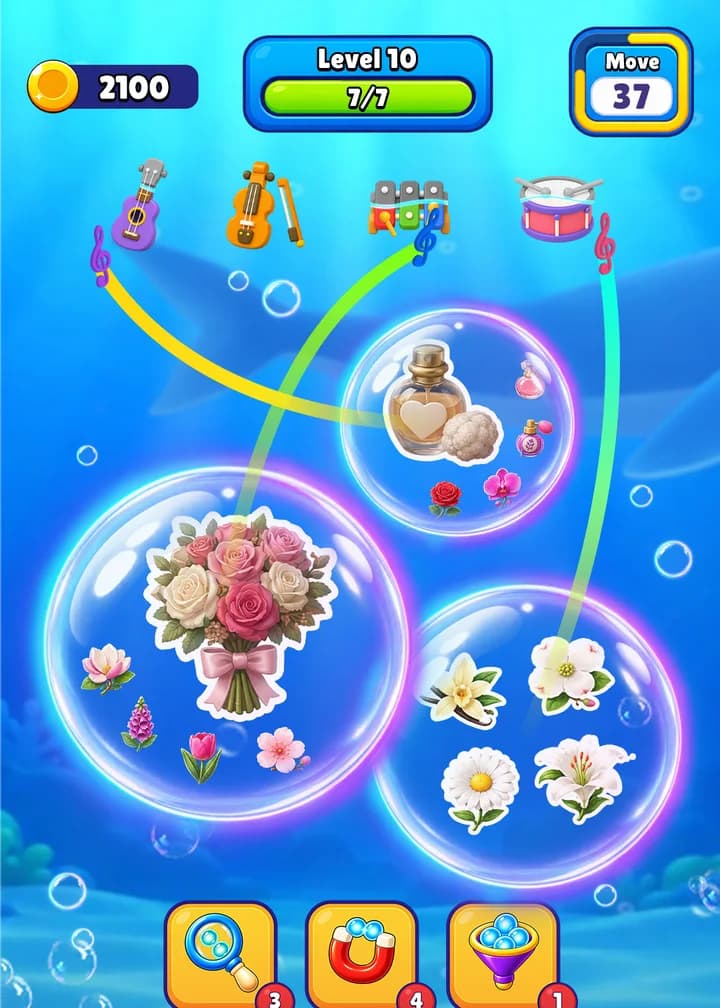 Level 10: a finished rose bouquet in a glowing bubble among flower pictures