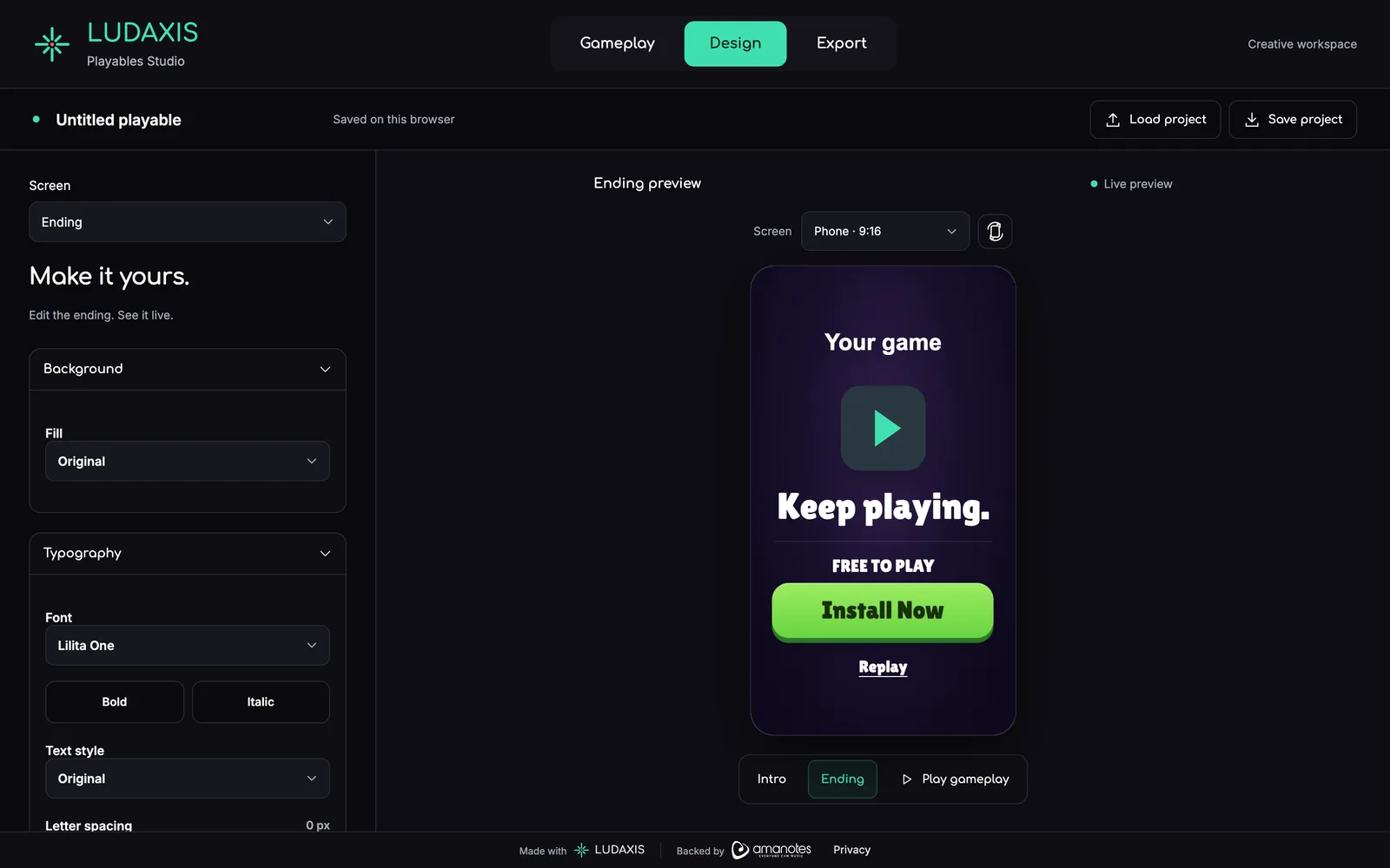 The design tab of Playable Studio: background, typography and button controls on the left, with a live end card on the right reading Keep playing, Free to play, Install Now.