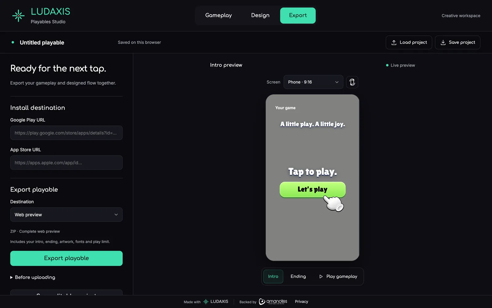 The export tab of Playable Studio listing destinations: web preview, Google App campaigns, TikTok/Pangle, Unity Ads, AppLovin and Meta.