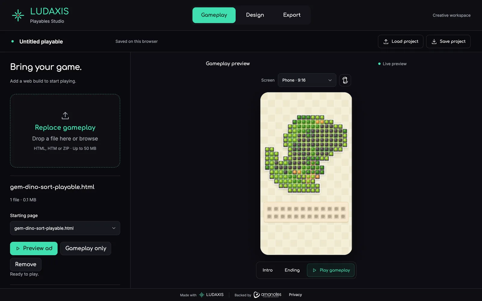 Playable Studio preview running the Gem Dino Sort gameplay: a dinosaur drawn in green gems on a cream board inside the phone frame.