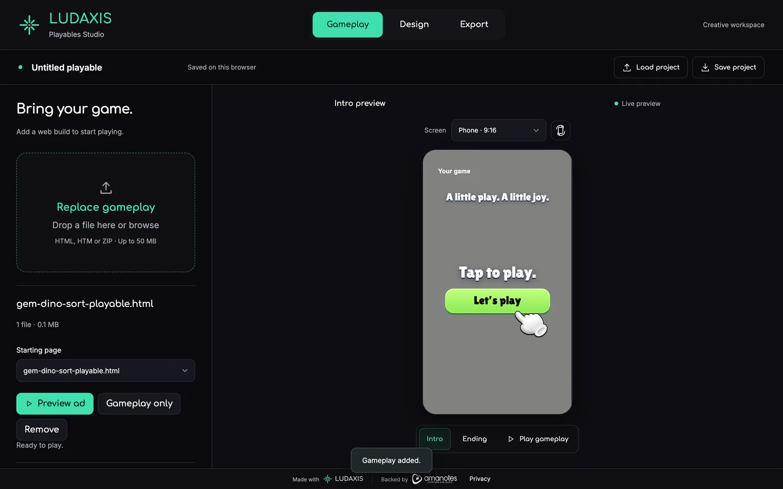 Playable Studio with a game build loaded: a file drop area on the left, and a phone preview on the right showing the generated intro screen with a Let’s play button.