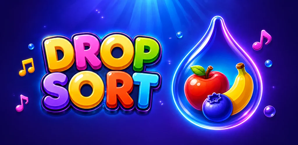 Drop Sort logo beside a glowing water drop holding an apple, a banana and a blueberry